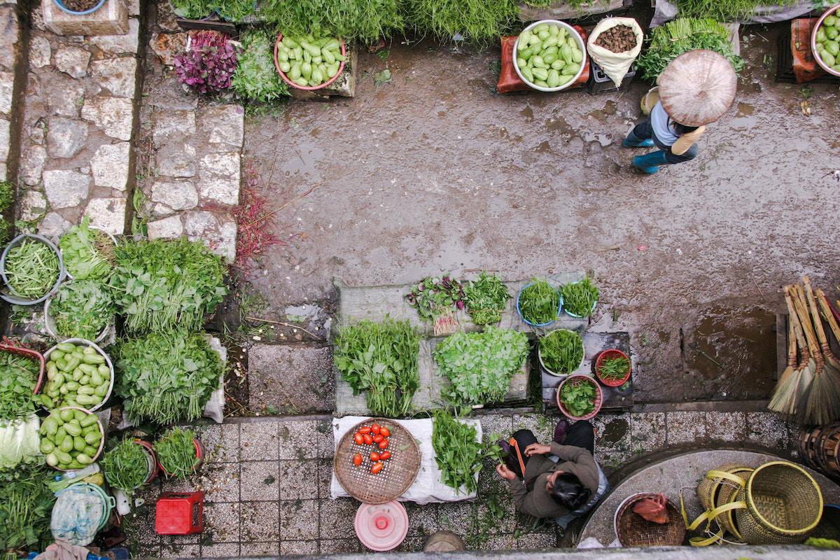 View from above of a greens market